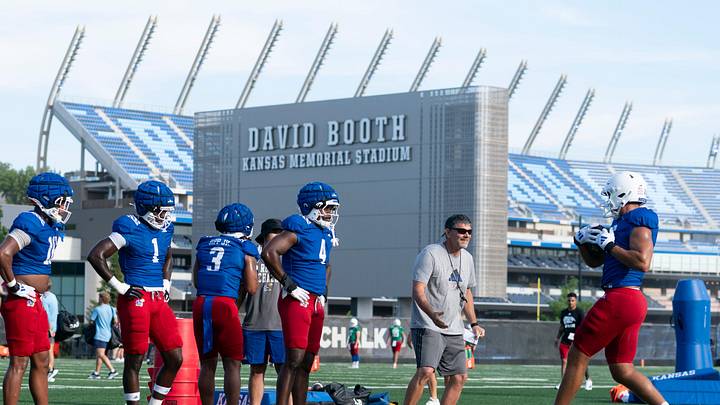 Kansas linebackers work through drills during an outdoor practice on July 30, 2025.