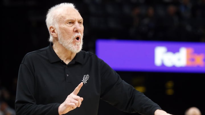 Apr 9, 2024; Memphis, Tennessee, USA; San Antonio Spurs head coach Gregg Popovich reacts during the second half against the Memphis Grizzlies at FedExForum. Mandatory Credit: Petre Thomas-USA TODAY Sports