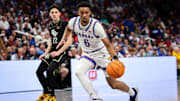 Mar 12, 2025; Kansas City, MO, USA; Kansas Jayhawks guard Rylan Griffen (6) drives to the basket during the first half against the UCF Knights at T-Mobile Center. Mandatory Credit: William Purnell-Imagn Images
