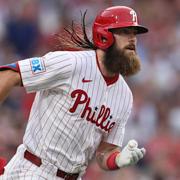 Aug 3, 2025; Philadelphia, Pennsylvania, USA; Philadelphia Phillies outfielder Brandon Marsh (16) runs the bases on a double against the Detroit Tigers during the second inning at Citizens Bank Park. Mandatory Credit: Bill Streicher-Imagn Images