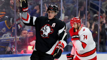 Apr 8, 2025; Buffalo, New York, USA;  Buffalo Sabres center Tage Thompson (72) reacts after scoring a goal during the second period against the Carolina Hurricanes at KeyBank Center. Mandatory Credit: Timothy T. Ludwig-Imagn Images