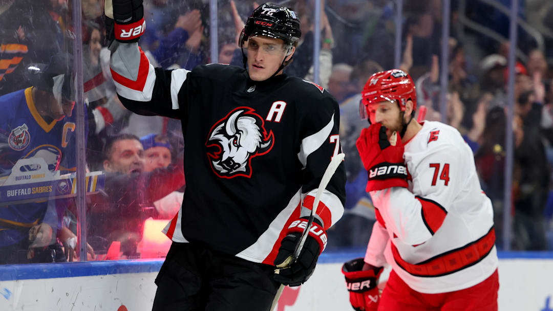 Apr 8, 2025; Buffalo, New York, USA;  Buffalo Sabres center Tage Thompson (72) reacts after scoring a goal during the second period against the Carolina Hurricanes at KeyBank Center. Mandatory Credit: Timothy T. Ludwig-Imagn Images