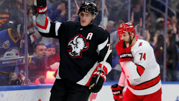 Apr 8, 2025; Buffalo, New York, USA;  Buffalo Sabres center Tage Thompson (72) reacts after scoring a goal during the second period against the Carolina Hurricanes at KeyBank Center. Mandatory Credit: Timothy T. Ludwig-Imagn Images
