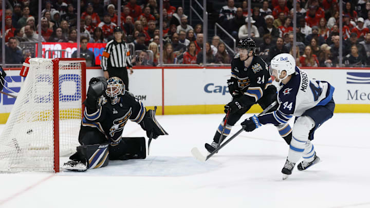 Feb 1, 2025; Washington, District of Columbia, USA; Winnipeg Jets defenseman Josh Morrissey (44) scores the game winning goal in overtime on Washington Capitals goaltender Logan Thompson (48) as Capitals center Connor McMichael (24) defends at Capital One Arena. Mandatory Credit: Geoff Burke-Imagn Images Feb 1, 2025; Washington, District of Columbia, USA; Winnipeg Jets defenseman Josh Morrissey (44) scores the game winning goal in overtime on Washington Capitals goaltender Logan Thompson (48) as Capitals center Connor McMichael (24) defends at Capital One Arena. Mandatory Credit: Geoff Burke-Imagn Images