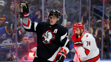 Apr 8, 2025; Buffalo, New York, USA;  Buffalo Sabres center Tage Thompson (72) reacts after scoring a goal during the second period against the Carolina Hurricanes at KeyBank Center. Mandatory Credit: Timothy T. Ludwig-Imagn Images
