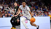 Mar 12, 2025; Kansas City, MO, USA; Kansas Jayhawks guard Rylan Griffen (6) drives to the basket during the first half against the UCF Knights at T-Mobile Center. Mandatory Credit: William Purnell-Imagn Images