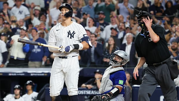 New York Yankees outfielder Aaron Judge (99) hits a three-run home run in 2025 ALDS Game 3.