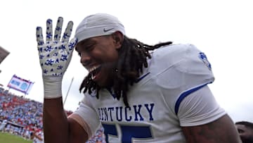 Sep 28, 2024; Oxford, Mississippi, USA; Kentucky Wildcats linebacker Noah Matthews (55) reacts after defeating the Mississippi Rebels at Vaught-Hemingway Stadium. Mandatory Credit: Petre Thomas-Imagn Images