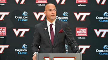 Nov 19, 2025; Blacksburg, VA, USA;  Virginia Tech head coach James Franklin during the press conference at Cassell Coliseum. Mandatory Credit: Brian Bishop-Imagn Images