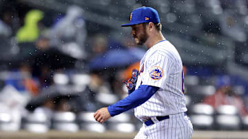 Sep 28, 2023; New York City, New York, USA; New York Mets relief pitcher Anthony Kay (64) reacts after being taken out of the game against the Miami Marlins during the ninth inning at Citi Field. Mandatory Credit: Brad Penner-Imagn Images