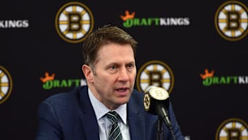 Mar 17, 2025; Boston, Massachusetts, USA;  Boston Bruins head coach Joe Sacco speaks to the media after their overtime loss to the Buffalo Sabres at TD Garden. Mandatory Credit: Bob DeChiara-Imagn Images