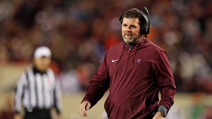 Nov 18, 2023; Blacksburg, Virginia, USA; Virginia Tech Hokies head coach Brent Pry looks on during the game against the North Carolina State Wolfpack at Lane Stadium. Mandatory Credit: Peter Casey-USA TODAY Sports