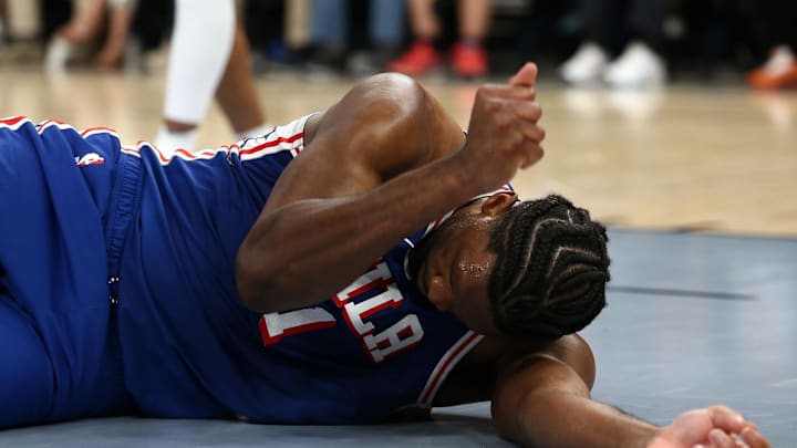 Apr 6, 2024; Memphis, Tennessee, USA; Philadelphia 76ers center Joel Embiid (21) reacts after a turnover during the first half against the Memphis Grizzlies at FedExForum. Mandatory Credit: Petre Thomas-Imagn Images Apr 6, 2024; Memphis, Tennessee, USA; Philadelphia 76ers center Joel Embiid (21) reacts after a turnover during the first half against the Memphis Grizzlies at FedExForum. Mandatory Credit: Petre Thomas-Imagn Images