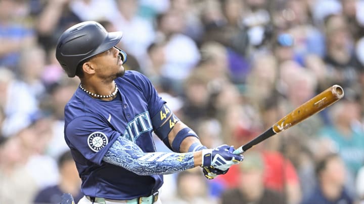  Seattle Mariners center fielder Julio Rodriguez (44) hits a solo home run during the fifth inning against the San Diego Padres at Petco Park on July 9.