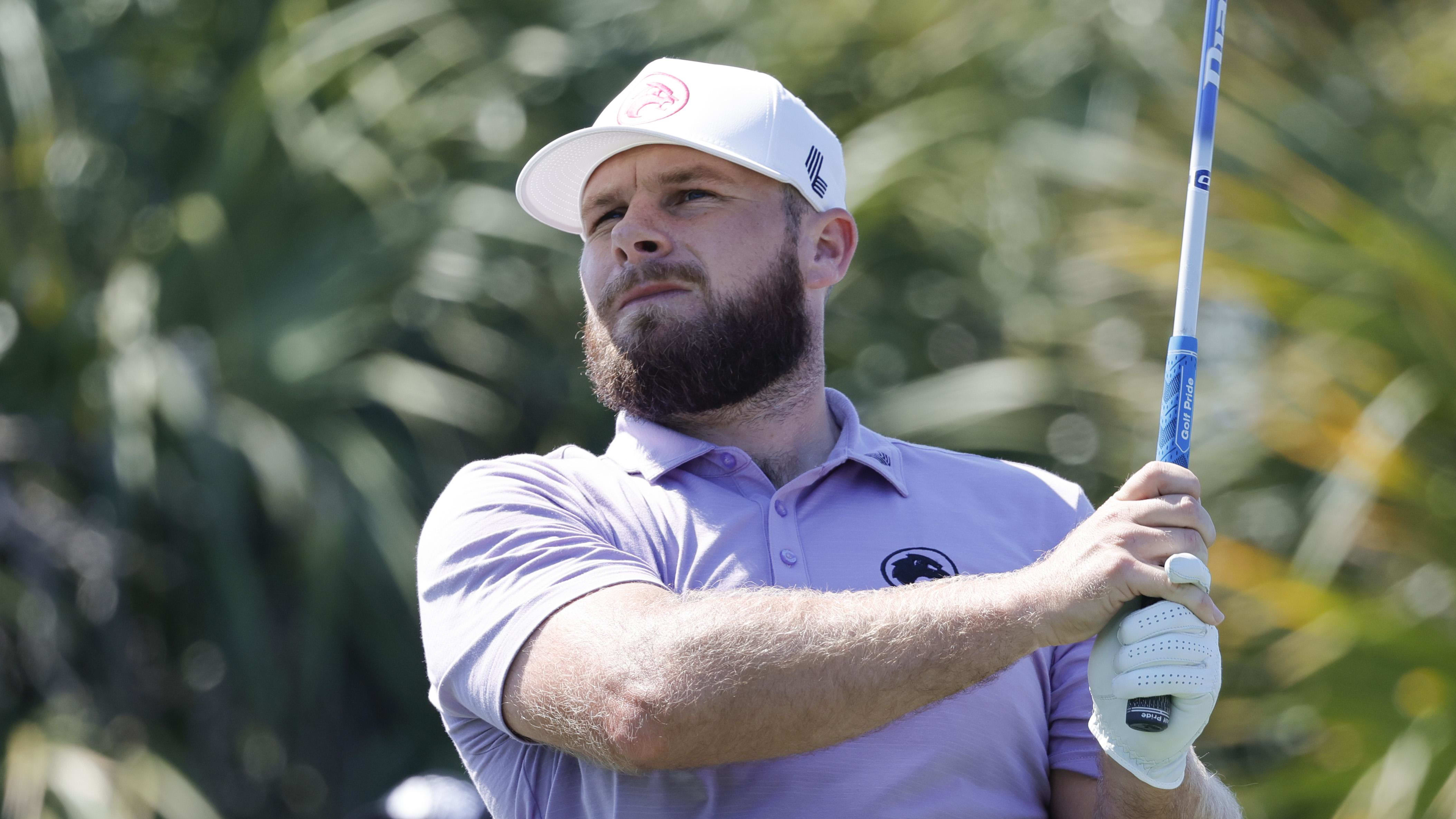 Tyrrell Hatton watches a shot at the LIV Golf Miami event in 2024.