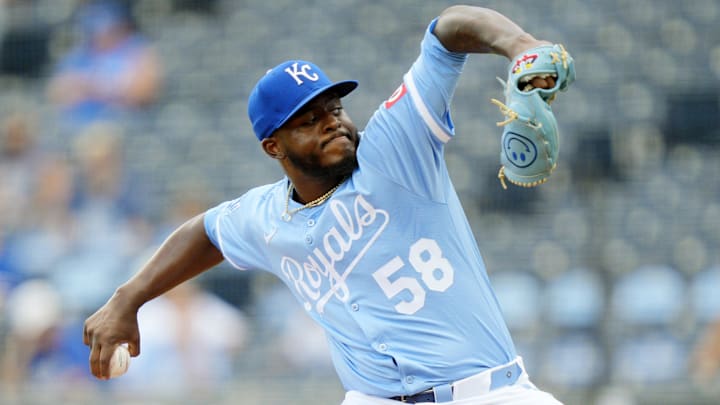 Aug 13, 2025; Kansas City, Missouri, USA; Kansas City Royals relief pitcher Luinder Avila (58) makes his MLB debut during the eighth inning against the Washington Nationals at Kauffman Stadium. Mandatory Credit: Jay Biggerstaff-Imagn Images