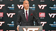 Virginia Tech Hokies head coach James Franklin speaks during a press conference at Cassell Coliseum. 
