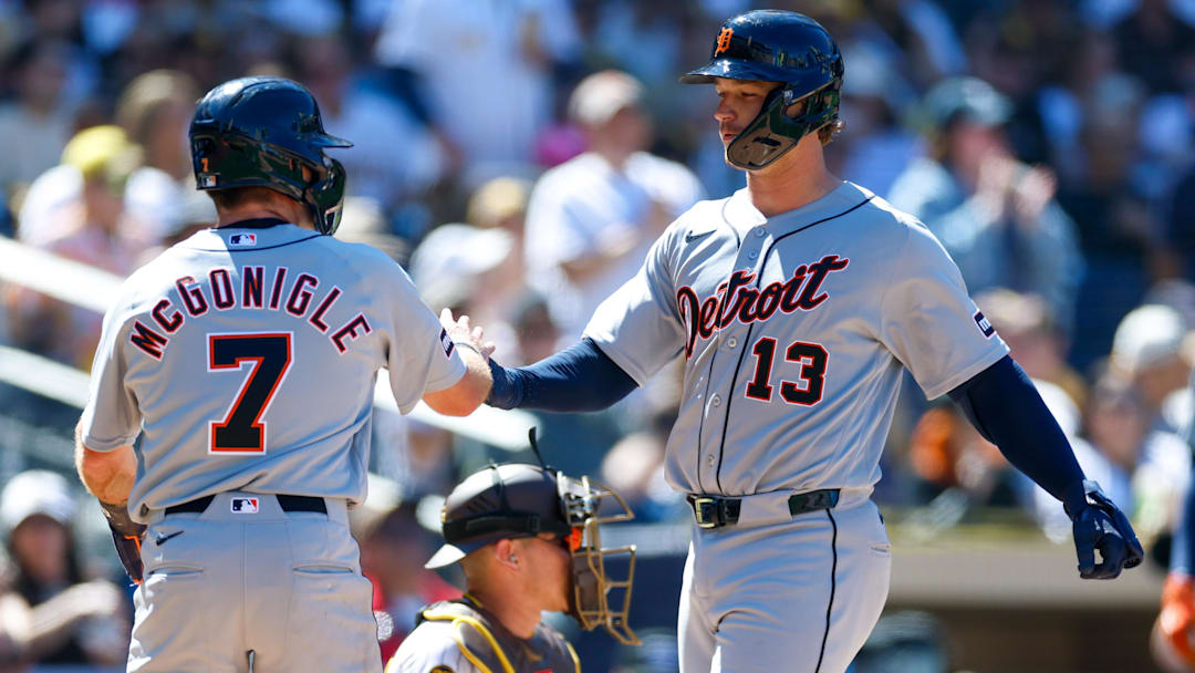 Detroit Tigers catcher Dillon Dingler (13) celebrates with third baseman Kevin McGonigle (7) after hitting a two-run home run. 