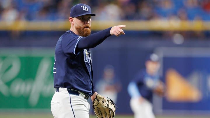 May 28, 2024; St. Petersburg, Florida, USA;  Tampa Bay Rays pitcher Zack Littell (52) reacts after pitching against the Oakland Athletics in the third inning at Tropicana Field. Mandatory Credit: Nathan Ray Seebeck-USA TODAY Sports