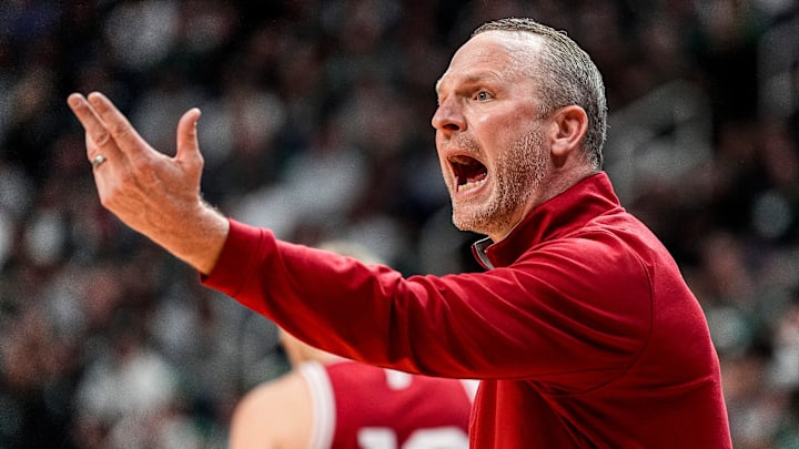 Indiana head coach Darian Devries reacts to a play against Michigan State during the first half at Breslin Center in East Lansing on Tuesday, Jan. 13, 2026.