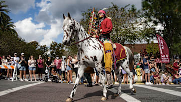 Osceola and Renegade lead the parade through the Florida State campus during the annual homecoming parade Friday, Oct. 22, 2021.

Fsu Homecoming Parade018