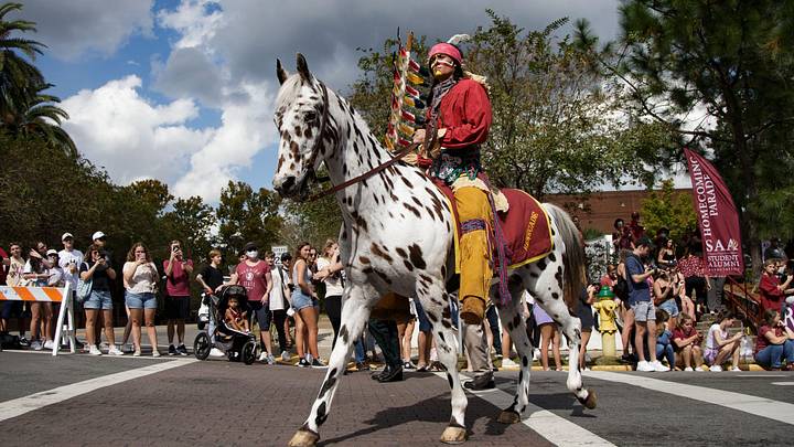 Osceola and Renegade lead the parade through the Florida State campus during the annual homecoming parade Friday, Oct. 22, 2021.

Fsu Homecoming Parade018