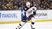 Dec 3, 2023; Boston, Massachusetts, USA; Columbus Blue Jackets defenseman David Jiricek (55) controls the puck during the second period against the Boston Bruins at TD Garden. Mandatory Credit: Bob DeChiara-Imagn Images