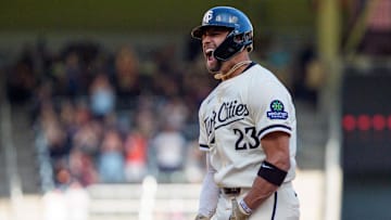 Sep 21, 2025; Minneapolis, Minnesota, USA; Minnesota Twins third base Royce Lewis (23) celebrates a three run home run hit off Cleveland Guardians pitcher Hunter Gaddis (33) in the seventh inning at Target Field. Mandatory Credit: Matt Blewett-Imagn Images