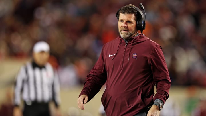 Nov 18, 2023; Blacksburg, Virginia, USA; Virginia Tech Hokies head coach Brent Pry looks on during the game against the North Carolina State Wolfpack at Lane Stadium. Mandatory Credit: Peter Casey-USA TODAY Sports