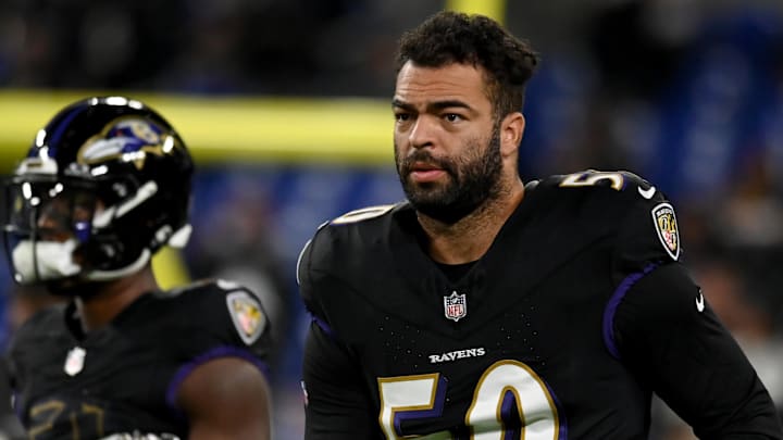 Nov 16, 2023; Baltimore, Maryland, USA; Baltimore Ravens linebacker Kyle Van Noy (50) warms up before a game against the Cincinnati Bengals at M&T Bank Stadium. Mandatory Credit: Tommy Gilligan-Imagn Images