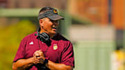 Arizona State defensive coordinator Brian Ward runs a drill for his secondary during the first day of fall practice in Tempe, Ariz. on July 30, 2025.