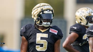 Jul 30, 2025; New Orleans, LA, USA;   New Orleans Saints running back Kendre Miller (5) looks on during training camp at Ochsner Sports Performance Center. Mandatory Credit: Stephen Lew-Imagn Images
