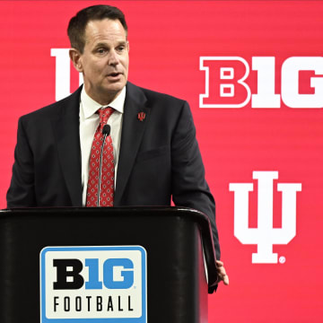 Indiana Hoosiers head coach Curt Cignetti speaks to the media during the Big Ten football media day at Lucas Oil Stadium. 