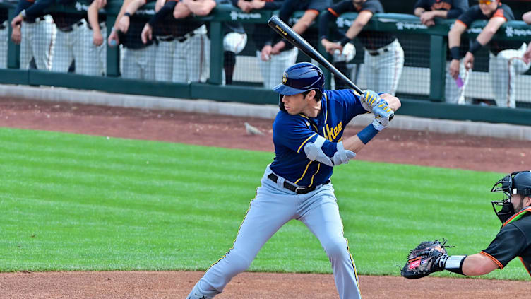 Mar 9, 2023; Scottsdale, Arizona, USA;  Milwaukee Brewers left fielder Christian Yelich (22) at bat