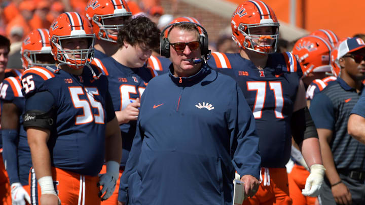 Sep 14, 2024; Champaign, Illinois, USA; Illinois Fighting Illini head coach Bret Bielema on the sidelines during the second half against the Central Michigan Chippewas at Memorial Stadium. Mandatory Credit: Ron Johnson-Imagn Images