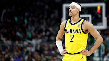 Indiana Pacers guard Andrew Nembhard (2) during a playoff game against the Milwaukee Bucks.