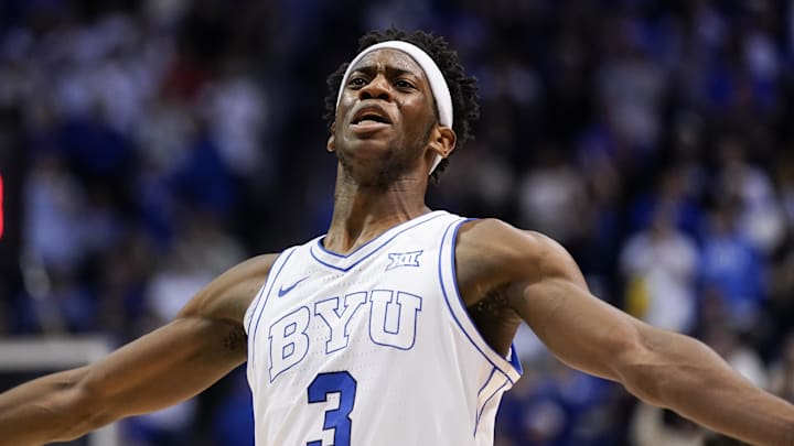 Feb 21, 2026; Provo, Utah, USA; BYU Cougars forward AJ Dybantsa (3) reacts during the second half against the Iowa State Cyclones at Marriott Center. Mandatory Credit: Aaron Baker-Imagn Images