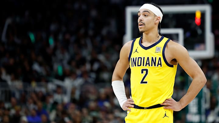 Indiana Pacers guard Andrew Nembhard (2) during a playoff game against the Milwaukee Bucks.