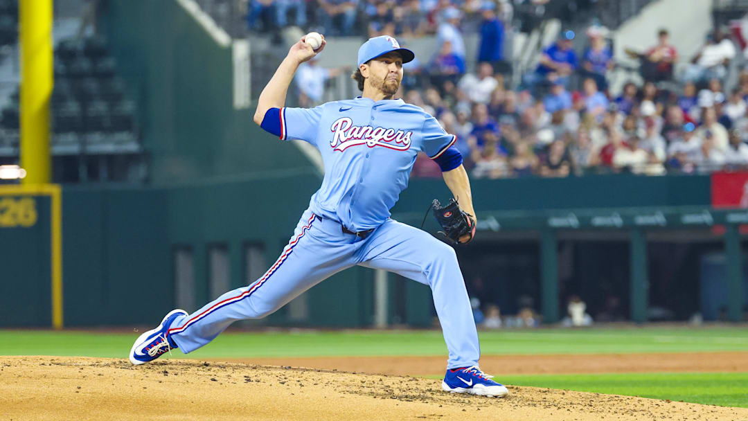 Mar 30, 2025; Arlington, Texas, USA; Texas Rangers starting pitcher Jacob deGrom (48) throws during the third inning against the Boston Red Sox at Globe Life Field. Kevin Jairaj-Imagn Images