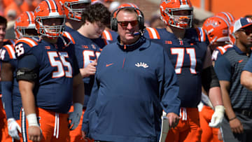 Sep 14, 2024; Champaign, Illinois, USA; Illinois Fighting Illini head coach Bret Bielema on the sidelines during the second half against the Central Michigan Chippewas at Memorial Stadium. Mandatory Credit: Ron Johnson-Imagn Images