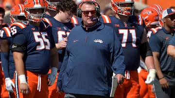 Sep 14, 2024; Champaign, Illinois, USA; Illinois Fighting Illini head coach Bret Bielema on the sidelines during the second half against the Central Michigan Chippewas at Memorial Stadium. Mandatory Credit: Ron Johnson-Imagn Images