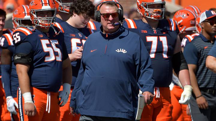Sep 14, 2024; Champaign, Illinois, USA; Illinois Fighting Illini head coach Bret Bielema on the sidelines during the second half against the Central Michigan Chippewas at Memorial Stadium. Mandatory Credit: Ron Johnson-Imagn Images