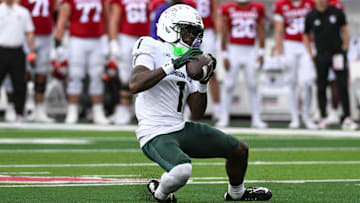 Oct 18, 2025; Bloomington, Indiana, USA; Michigan State Spartans wide receiver Omari Kelly (1) catches a pass against the Indiana Hoosiers during the first half at Memorial Stadium. Mandatory Credit: Robert Goddin-Imagn Images