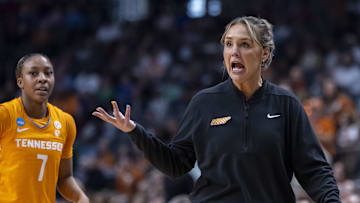 Mar 29, 2025; Birmingham, AL, USA; Tennessee Lady Vols head coach Kim Caldwell reacts to a call during the second half of a Sweet 16 NCAA Tournament basketball game against the Texas Longhorns at Legacy Arena. Mandatory Credit: Vasha Hunt-Imagn Images