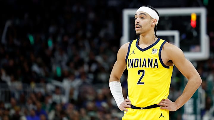 Indiana Pacers guard Andrew Nembhard (2) during a playoff game against the Milwaukee Bucks.
