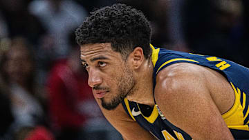 Feb 24, 2025; Indianapolis, Indiana, USA; Indiana Pacers guard Tyrese Haliburton (0) in the second half against the Denver Nuggets at Gainbridge Fieldhouse. Mandatory Credit: Trevor Ruszkowski-Imagn Images