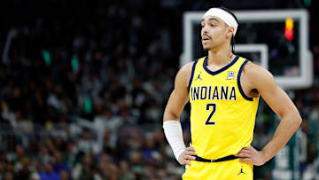 Indiana Pacers guard Andrew Nembhard (2) during a playoff game against the Milwaukee Bucks.