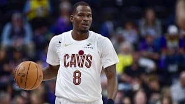 Mar 23, 2025; Salt Lake City, Utah, USA; Cleveland Cavaliers guard Javonte Green (8) looks down court to pass against the Utah Jazz during the second half at Delta Center. Mandatory Credit: Peter Creveling-Imagn Images