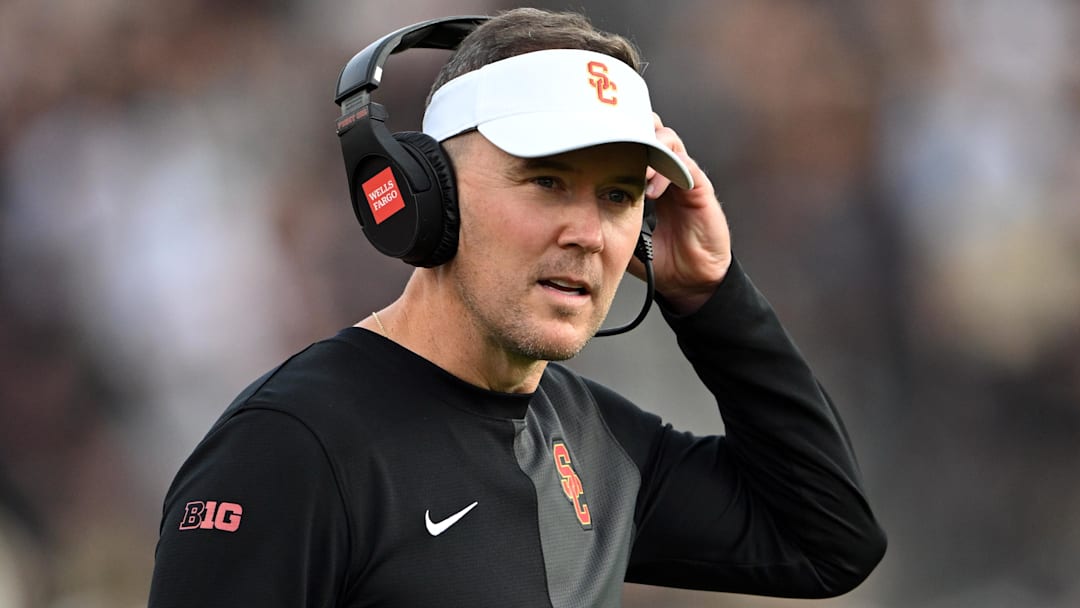 Southern California Trojans head coach Lincoln Riley stands on the sidelines during the first quarter against the Purdue Boilermakers at Ross-Ade Stadium. Mandatory Credit: Marc Lebryk-Imagn Images