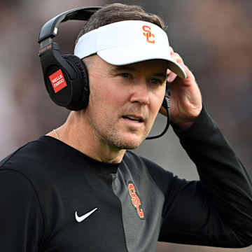 Southern California Trojans head coach Lincoln Riley stands on the sidelines during the first quarter against the Purdue Boilermakers at Ross-Ade Stadium. Mandatory Credit: Marc Lebryk-Imagn Images